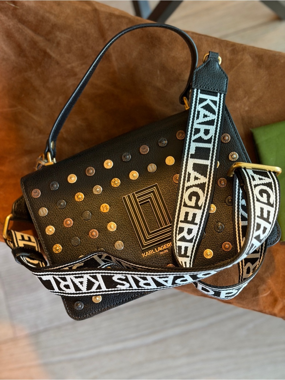 Karl Lagerfeld Black Leather-Look Studded Satchel with Branded Strap